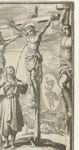 Man receives a stream of blood from the crucified Christ on Golgotha into his own bosom