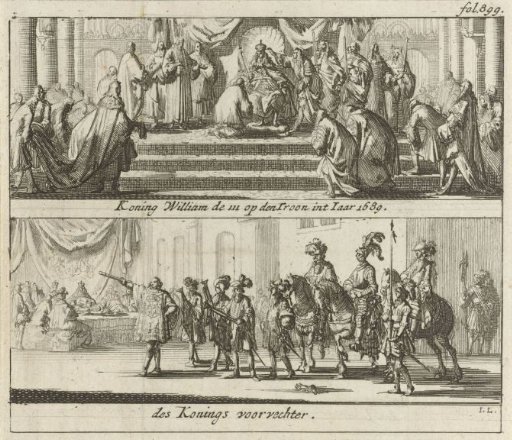 William III on the throne and the ceremony with the royal champion, 1689