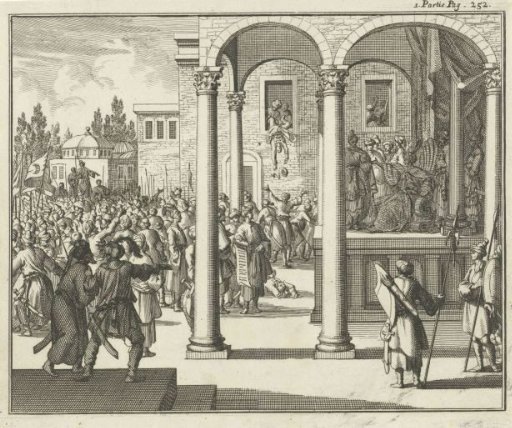 Man on throne negotiating with the leaders of the rebellious Janissaries in Constantinople