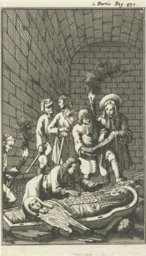 Figures find a mummy in a pyramid
