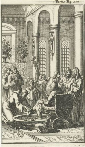 Washing of feet of travellers in a monastery in Jerusalem