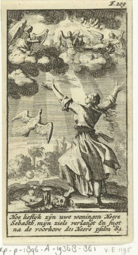 Woman listening with outstretched arms to the angel choir in the clouds above her