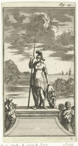 Armed Amazon leaning on a large mask