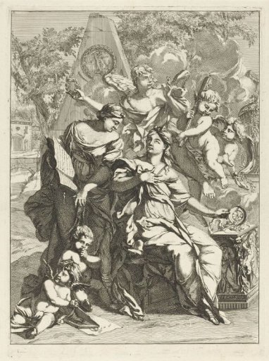 Two allegorical female figures surrounded by angels before a monument