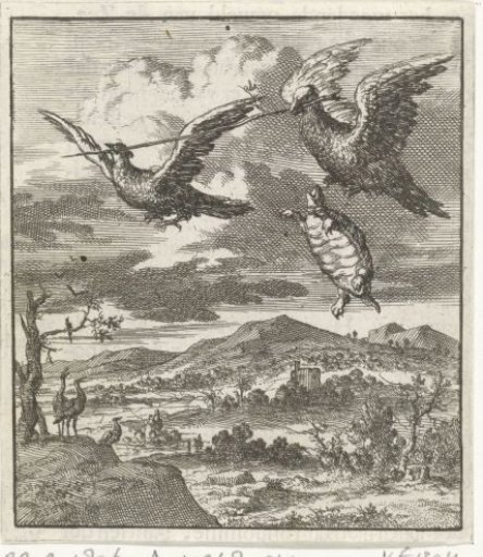 Two birds carry together while flying a stick to which a turtle is holding on