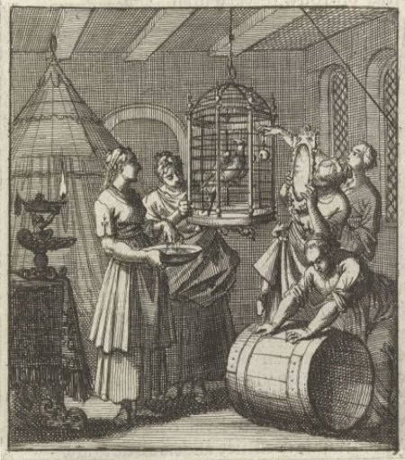 Five maidservants look at a magpie in a cage
