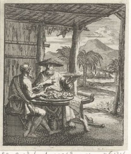 Hermit and his visitor sit at a table in an open hut