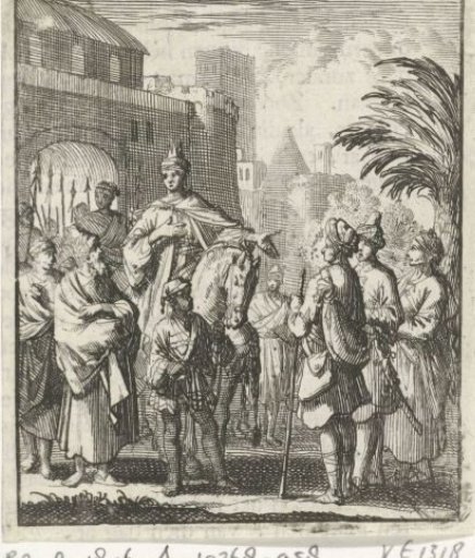 Stranger, appointed king, led on horseback to the city gate