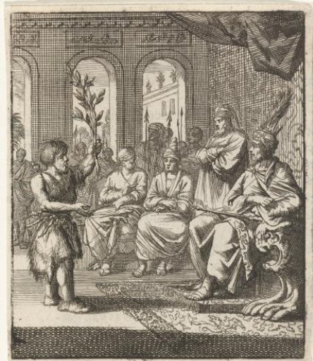Peasant speaking with an olive branch in hand to the prince and his counselors
