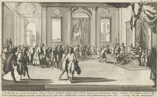 Laurens Pit visiting Sultan Abul Hasan Qutb Shah in Golconda to present him with a letter of credence