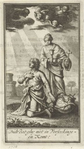 Praying man assisted by Faith