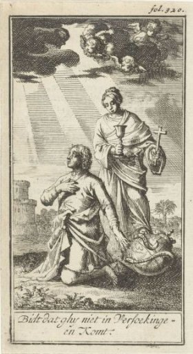 Praying man assisted by Faith