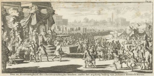 Seated king beholding soldiers scattering incense before a statue of Jupiter