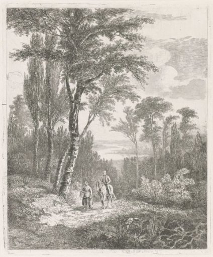Horseman and woman on a forest path