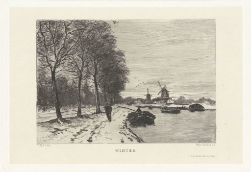 Winter landscape with canal and mills