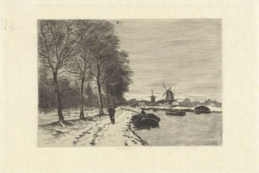 Winter landscape with canal and mills