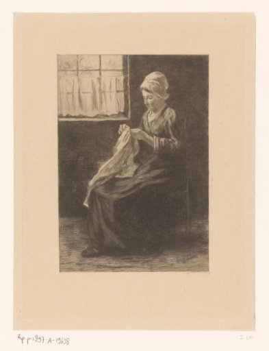 Sewing woman at a window