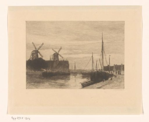 River view with moored boats and two mills