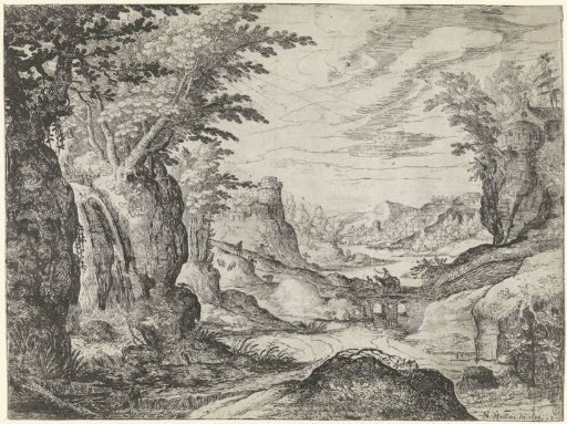 Berglandschap met rivier en brug