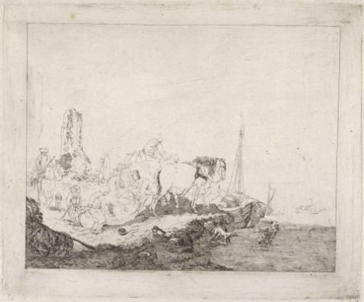 Beach scene with man and dog in the water
