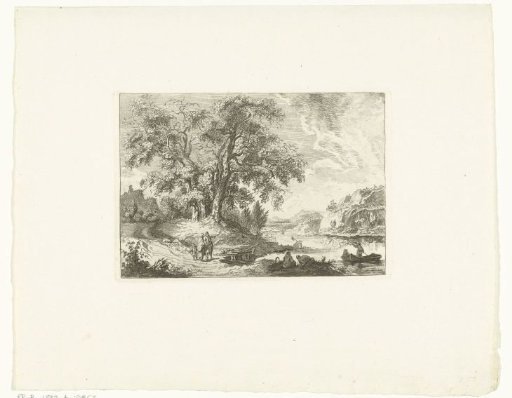 River landscape with figures waiting at a ferry crossing