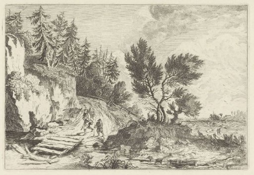 Two walkers by a bridge