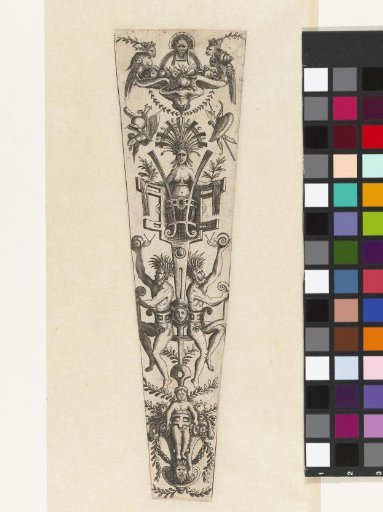Frame of scrollwork with two satyrs, a herm, and a child