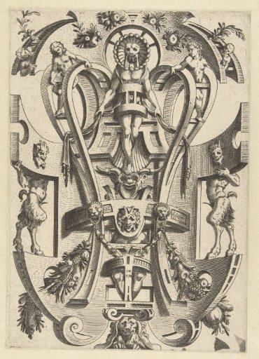Scrollwork in which a man with a mask is trapped at the top