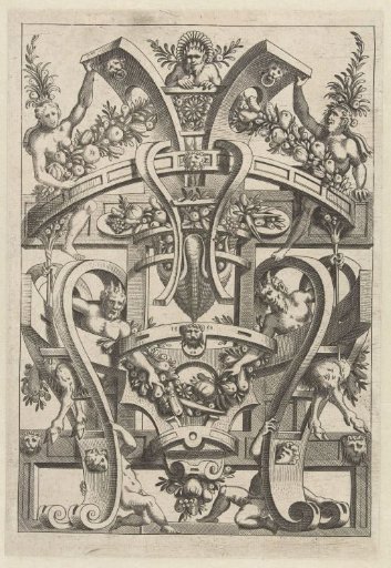 Scrollwork with a fruit garland hanging through the top and bottom