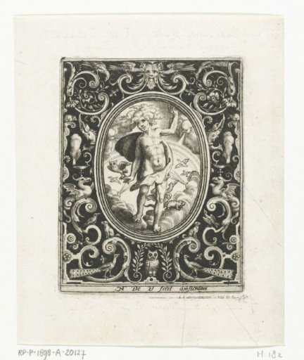 Element Air as a young man standing on clouds with birds in a frame with ornaments
