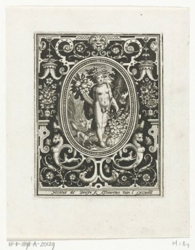 Element Earth as a young woman with a horn of plenty and a rose bush in a frame with ornaments