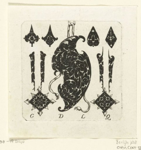 S-shaped shield between ten ornaments