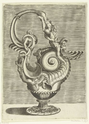 Can in the shape of a snail shell, with a handle