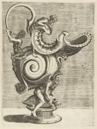 Can in the shape of a snail shell, resting on the back of a man sitting on a tortoise