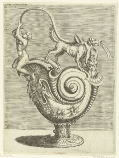 Can in the shape of a snail shell, with a man blowing a horn on the spout