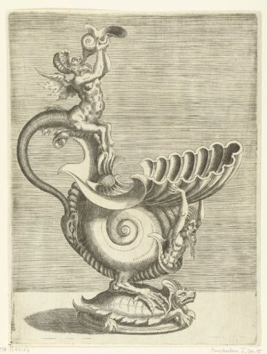 Can in the shape of a snail shell with a spout in the form of a shell