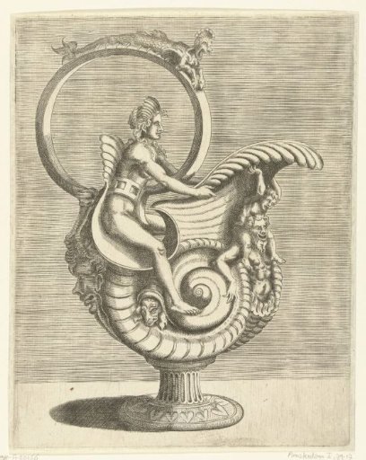 Can in the shape of a snail shell, with a woman in the handle