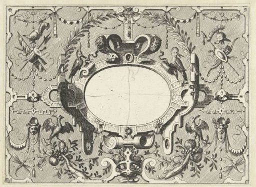 Cartouche surrounded by grotesques, on the cartouche is an arch of leaves