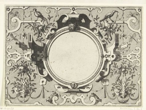 Round cartouche surrounded by scrollwork with garlands and bunches of fruit