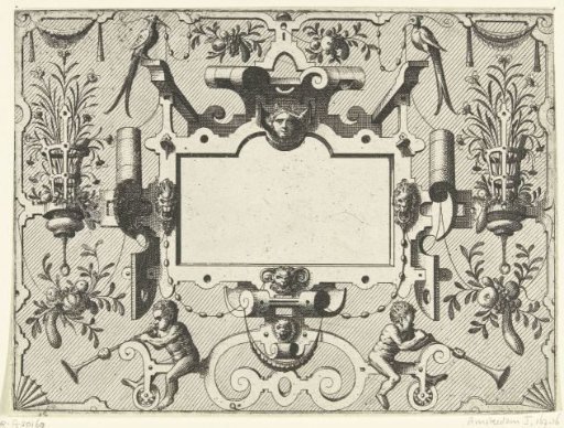 Cartouche surrounded by grotesques, with a basket of flowers on the left and right