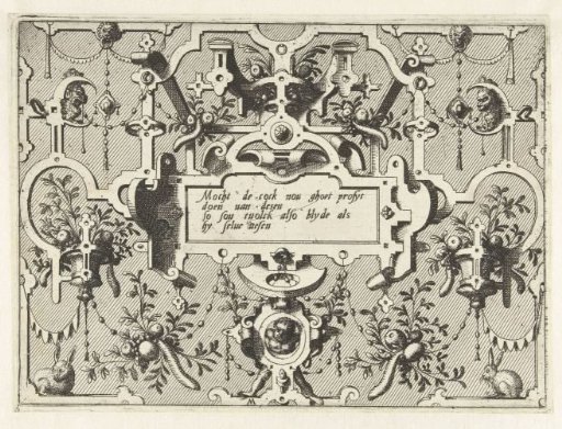 Cartouche with grotesques, a child standing in the center below