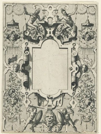 Cartouche in a frame of scrollwork with grotesques