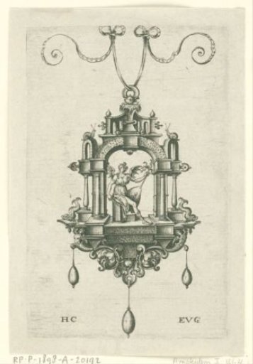 Pendant (pendeloque) with a winged woman holding a sword and a staff of snakes in her hands
