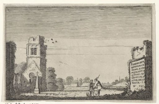 Two figures at the ruins of a church