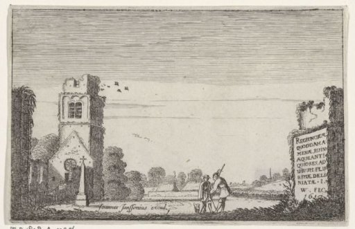 Two figures by a church ruin