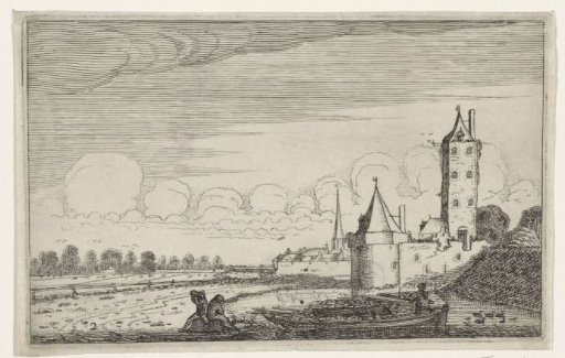 Figures by a boat near a castle