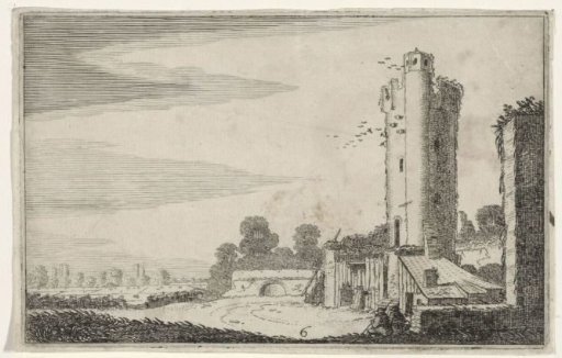 Two figures by a tower ruin
