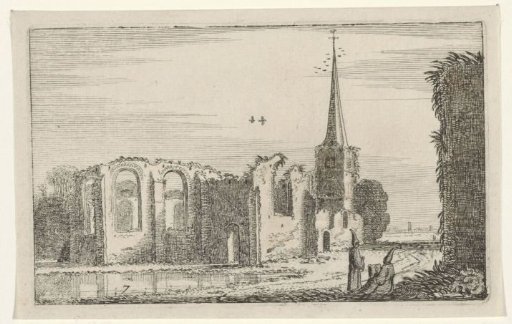Two monks by a church ruin