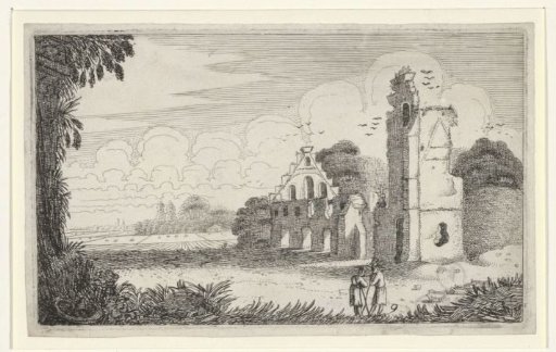 Two figures by a house ruin
