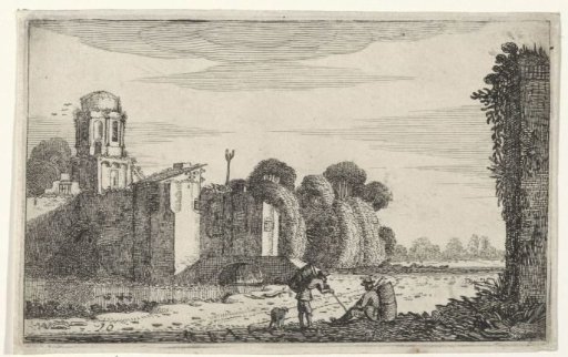 Two figures by a ruin near a bridge